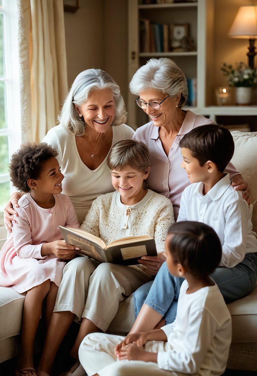 A warm, cozy scene showcasing a family gathering, highlighting different generations sharing affectionate moments - a grandmother reading a story to her grandchildren, a parent hugging their child, and an elder teaching a skill. The background should feature soft, inviting colors that evoke feelings of love and connection. Include subtle elements like photographs or heirlooms that emphasize kinship. soft focus. pastel colors. warm lighting.