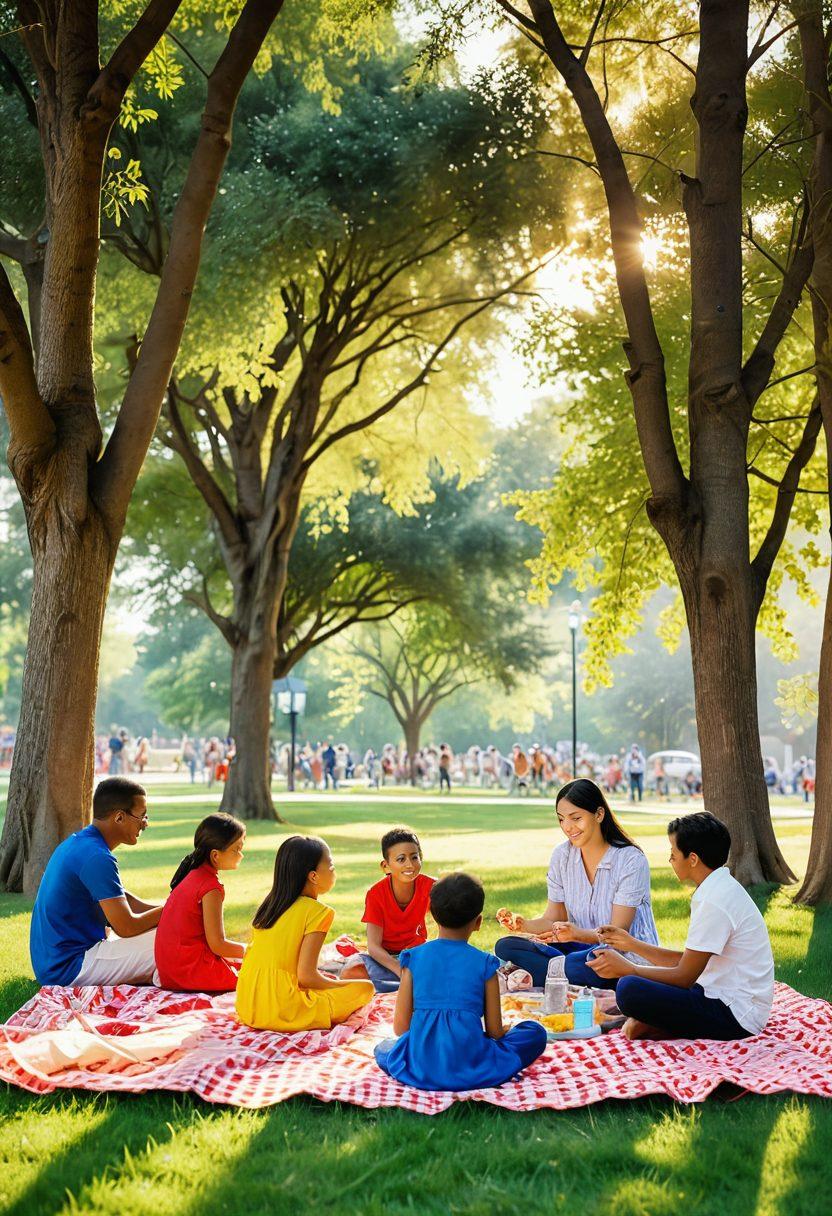 A warm, inviting scene depicting a diverse family gathering in a lush community park, with children playing, adults sharing stories, and everyone engaged in activities that symbolize love and unity. Include symbols of different cultures such as flags, food, and attire to represent community diversity. Capture the golden hour sunlight filtering through trees, creating an atmosphere of warmth and togetherness. soft-focus, vibrant colors, watercolor style.