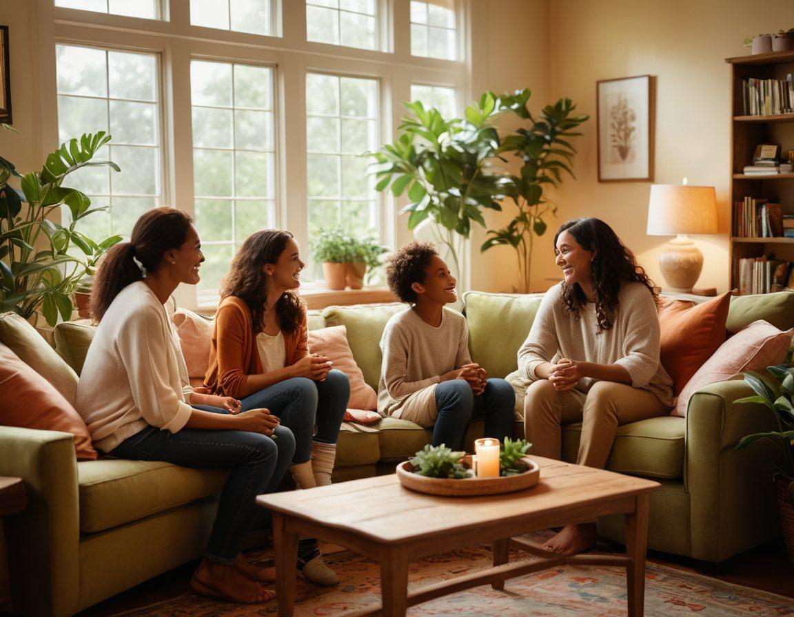 A warm and heartfelt scene of a diverse family gathering in a cozy living room, filled with laughter and love, surrounded by family photos and plants, symbolizing unity. Soft, glowing light filtering through the windows, with children playing and adults sharing stories, representing nurturing relationships. Super-realistic. Warm colors. Soft focus.